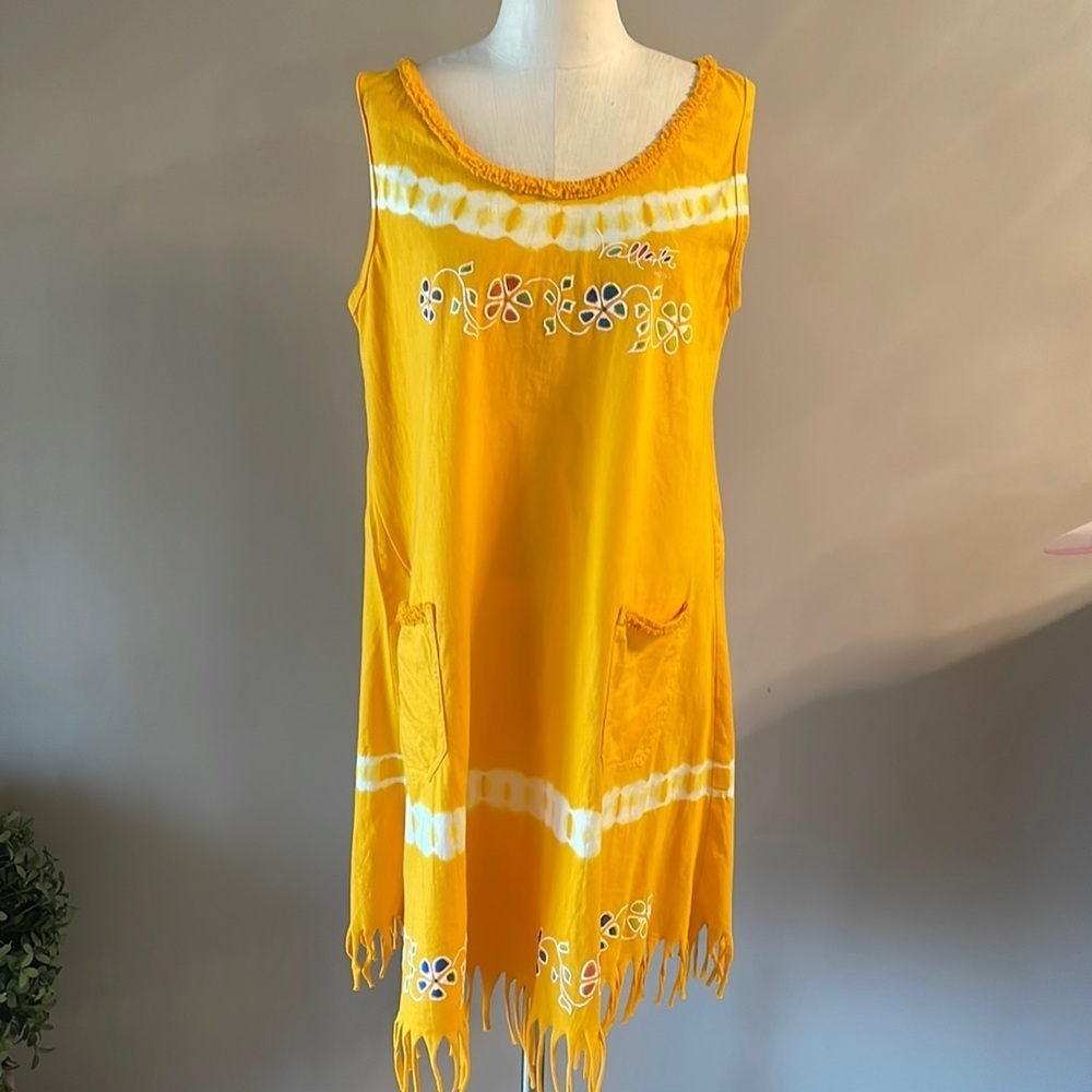 Neon yellow beachwear lounge dress / coverup with pockets / fringe tie dye Large